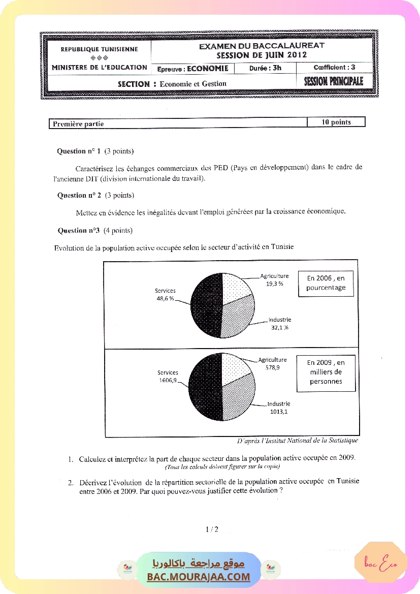 Sujet principale eco Bac 2012 – Section eco